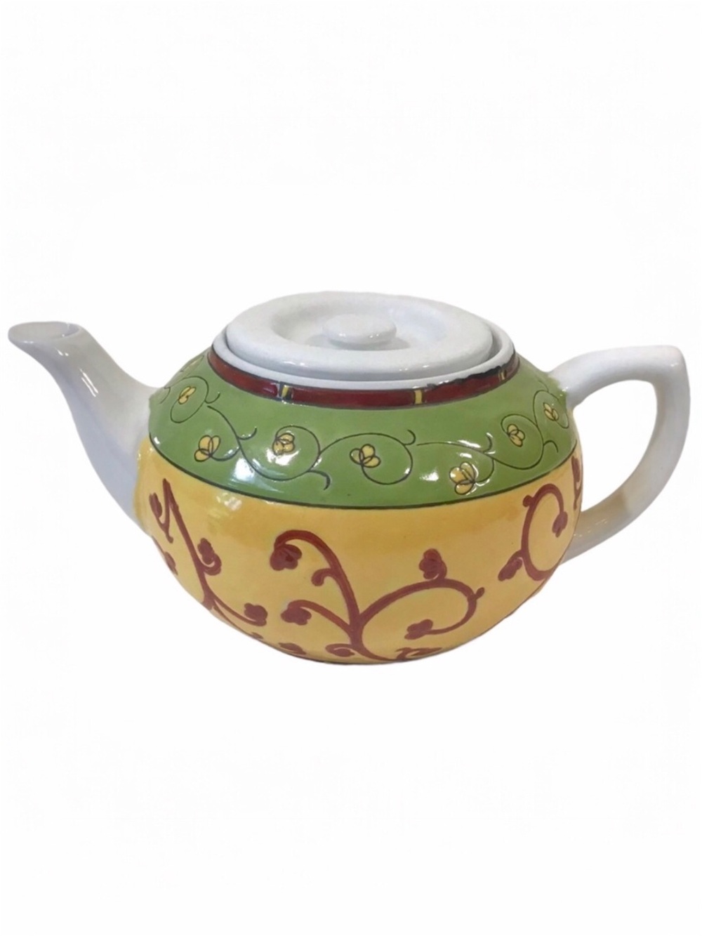 Vintage Pier 1 Porcelain Teapot Hand-Painted Floral Vine Design Green Yellow Red